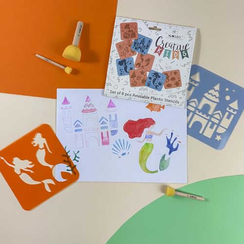 NAKLEO Painting Stencils for Kids, 8 Pcs Set 6x6” Syrens, Children Creative Drawing Templates Plastic and Reusable, DIY Decoration Arts and Crafts, Paper Wall Wood Fabric - color: MERMAIDS