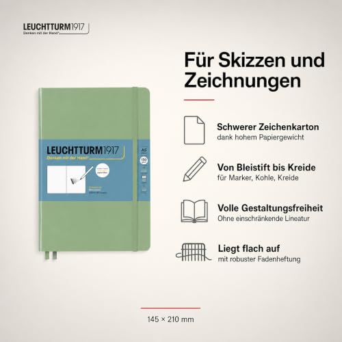 Leuchtturm1917 - Medium A5 Hardcover Sketchbook (Sage) - 112 Pages of 150g/m² Paper - color: Sage, size: Medium (A5)