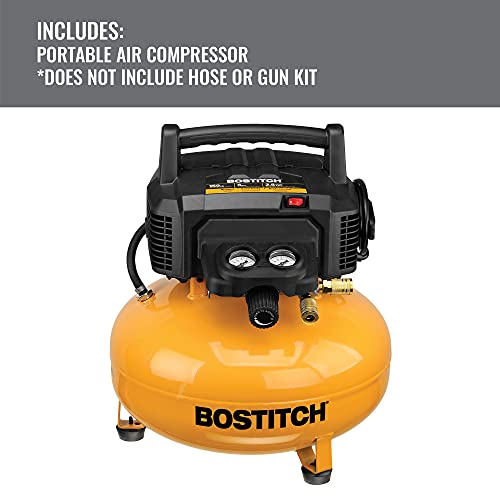 BOSTITCH Air Compressor Kit, Oil-Free, 6 Gallon, 150 PSI, Quiet Lightweight Pancake Air Compressor (BTFP02012-WPK)