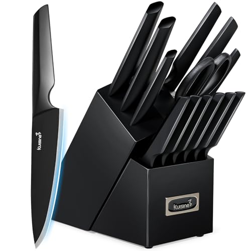 KUISINE Knife Set, 15-Piece High Carbon Stainless Steel Knife Block Set | Razor-Sharp, Dishwasher Safe, Rust-Resistant, Ergonomic Handles Kitchen Knife Set with Sharpener Black EX - color: EX Black, size: 15 pieces