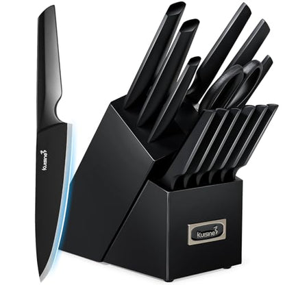 KUISINE Knife Set, 15-Piece High Carbon Stainless Steel Knife Block Set | Razor-Sharp, Dishwasher Safe, Rust-Resistant, Ergonomic Handles Kitchen Knife Set with Sharpener Black EX - color: EX Black, size: 15 pieces