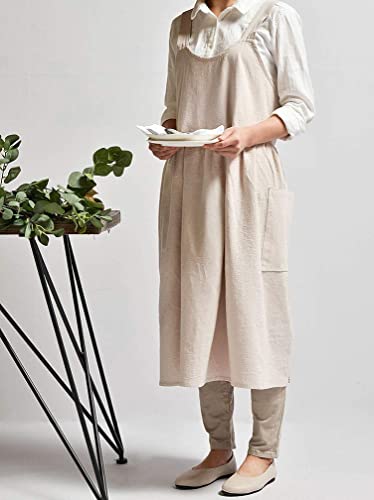 Women Girls Cross Back Apron Gardening Works Cotton Aprons Pinafore Dress - color: Beige