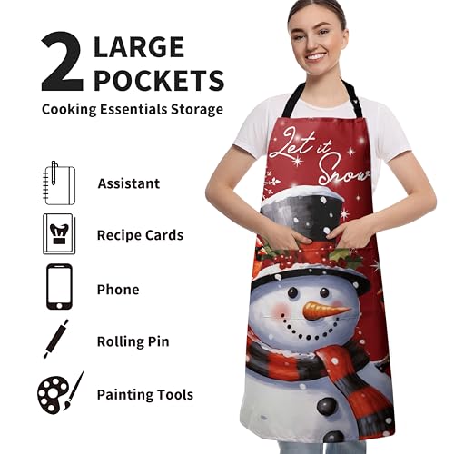 Christmas Apron Snowman Aprons for Adult Cute Snowman Kitchen Aprons with Pockets Red Xmas Aprons with Adjustable Strap for Baking, Cooking, Crafting, Sewing - color: Xmas Snowman