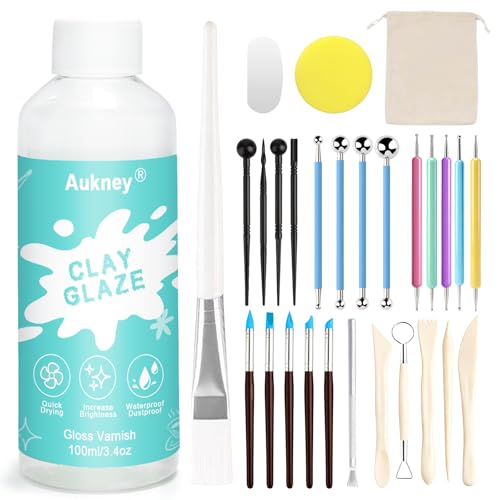 Aukney 100ML Air Dry Clay Varnish and 29pcs Tool Kit, High Gloss Air Dry Clay Glaze, Sealant, Prevent Clay from Cracking, and Scratch Resistant - Pottery Tools for Stippling, Shaping Clay Crafts
