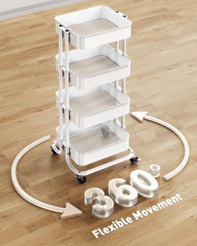 Pipishell 4 Tier Metal Rolling Utility Cart with 2 Lockable Wheels, White | 360° Rotating Wheel, Heavy-Duty Steel, Sturdy Dual Columns, Ventilated Mesh, Hold 22 lbs per Shelf, for Kitchen & Living Room - color: White, size: 4 Tier