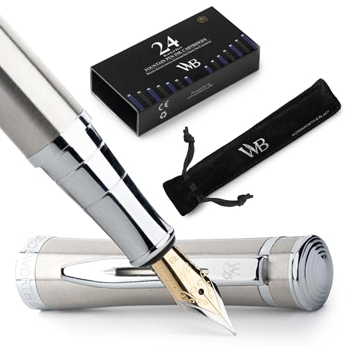 Wordsworth & Black Fountain Pen Set for Writing, Extra Fine Nib, Silver | Gift for Men & Women, Brass Body, 18K German Iridium, Calligraphy, Converter + 24 Ink Cartridges, Refillable, Leak-Free - color: Silver Chrome, style: Extra Fine Nib