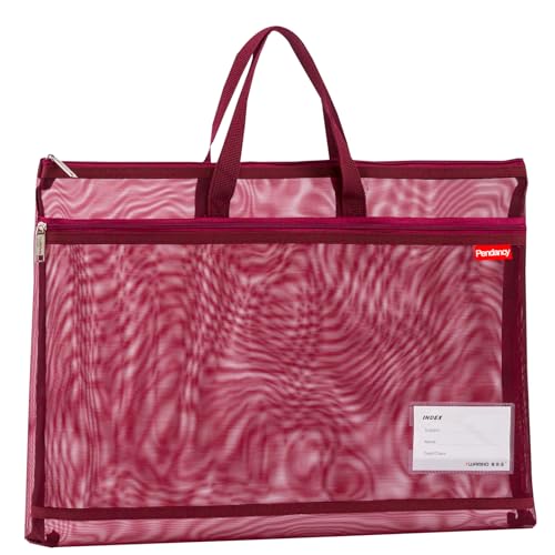 Pendancy Red Large Zipper Pouch, Fits A3 Paper, Transparent Document Bag | 13 x 17 in Extra Large Mesh File Organizer with 2 Zippered Compartments, Carry Handle and Foldable Nylon for Documents - color: Translucent Dark Red, style: DIY Label Type A3 Size(