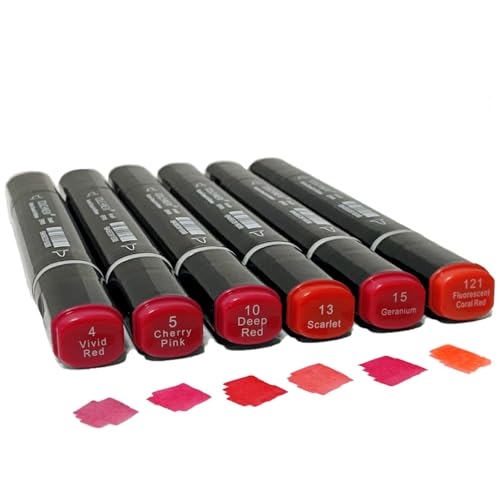 Arhomet 6 Pack Red Alcohol Markers, Double Tipped Soft Fine Tips and Brush Permanent Art Markers for Drawing Sketching Coloring (Red) - color: Red