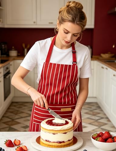 2 Pack Kitchen Cooking Aprons, Soft Aprons for Women Men with 2 Pockets Chef Apron with Adjustable Neck Strap and Long Tie - color: Navy Blue/Red