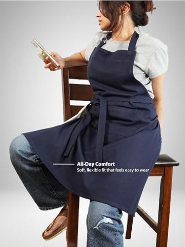 100% Cotton Kitchen Apron with 2 Pockets – Adjustable Chef Apron for Cooking Baking BBQ – Unisex Apron - color: Navy