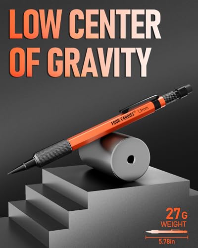 Four Candies 1.3mm Mechanical Pencil Set with 24 Lead Refills, Metal Weatherproof Heavy Duty Outdoor Carpenter Pencil, Eraser, 6 Eraser Refills for Architect Drafting Woodworking Marking with Case - size: 1-Pack, style: Orange