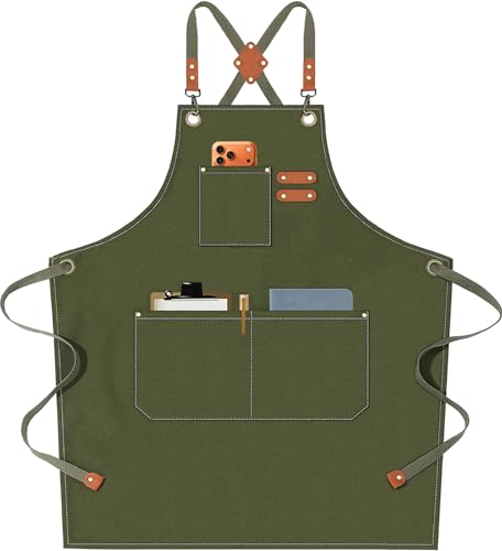 Chef Aprons for Men Women with Oversized Pockets, 16-Ounce Cotton Canvas Cross Back Heavy Duty Work Apron (Army Green) - color: Army Green