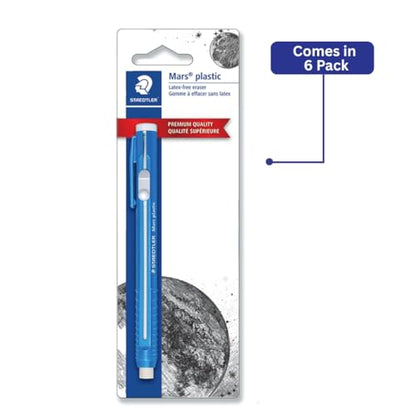 STAEDTLER 6-Pack Mars Plastic Eraser Pen with Refillable Holder, German-Made Eraser for Pencils, Smudge-Free & Tear-Free Precision, Retractable Design with Clip, Blue, 6 Count | Latex-Free Erasers, Replacements for Refillable Holder, Home, School & Office