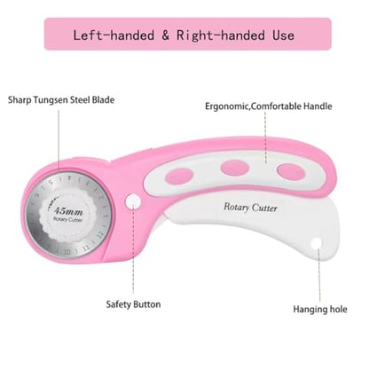 45mm Rotary Cutter with 5pcs Extra Blades, Ergonomic Handle Rolling Cutter with Safety Lock for Fabric, Leather, Crafting, Sewing, Quilting, Fabric Rotary Cutter Perfect for Left & Right Hand (Pink) - color: Pink