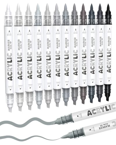 Guangna 12 Grey Dual Tip Acrylic Paint Markers, Brush Tip & Chisel Tip Acrylic Paint Pens for Rock, Wood, Glass, Paper, Coloring Book, Ceramic, Canvas, Water-Based Ink - color: Grey