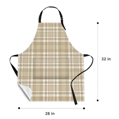 Apron with Pockets, 32x28 inch, 2 Pack, Khaki Champagne | Checkered Tartan Plaid Adjustable Bib with Pockets for Women Men Couple Lovers Chef Home Baking Gardening - color: Khaki Brown