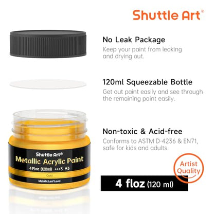 Shuttle Art Metallic Gold Acrylic Paint, 4 oz (120 ml) Gold Leaf Paint, Non Toxic, Non Fading Gold Paint for Crafts, Metal, Wood, Clay, Ceramic, Canvas, Furniture - color: Gold, size: 4 Fl Oz (Pack of 1)
