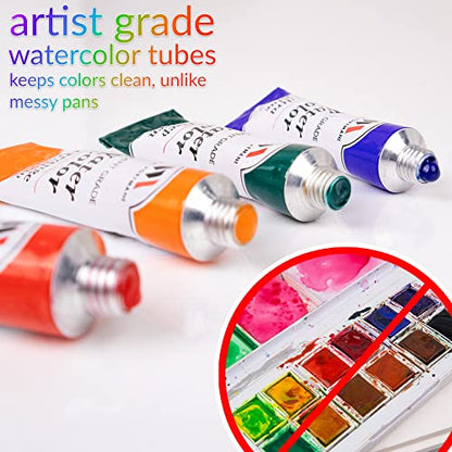 WA Portman Watercolor Paint Set, Cold Press Pad, Mixing Palette, Water Pens | Art Paint Set 24 Semi-wet Watercolor, Paints Tube Set with A4 Cold Press Pad, Mixing Palette & 3 Water Refillable Brush Pens