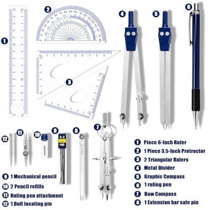 13 Pieces Geometry Set Compass Geometry Tools Math Compass and Protractors Metal Precision Drafting Kit with Storage Box Rulers Pencils Technical Drawing, Engineering & Architecture - color: Blue