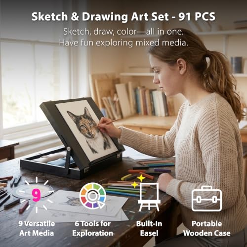 COLOUR BLOCK 91-PC Sketching & Drawing Set in Wooden Easel Case – All-in-One Mixed Media Art Supplies with Colored, Metallic, Charcoal & Pastel Pencils, Soft Pastels, Essential Tools and Drawing Pad