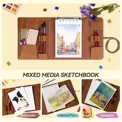 LIGHTWISH Watercolor Pad - A5 20 Sheets 100% Cotton 300GSM Cold Press Paper | Detachable with Backing Board | All-in-One Travel Watercolor Journal with Brush Holders & Storage Pockets - color: Brownish yellow