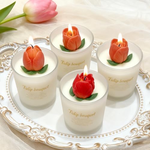 Tulip Candle Molds with Leaf Mold, 3D Tulip Flower Candle Molds - color: 4 PCS Tulip Candle Molds with Leaf Mold