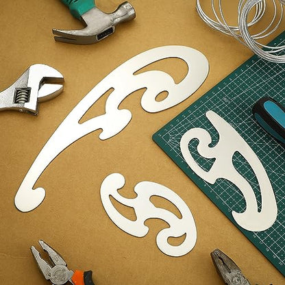 Fulmoon 3 Pcs Stainless Steel French Curve Ruler for Sewing Tools Metal Drafting Stencils Reusable Drafting Templates Drawing Ruler for Leather Craft Professional Drawing Rulers
