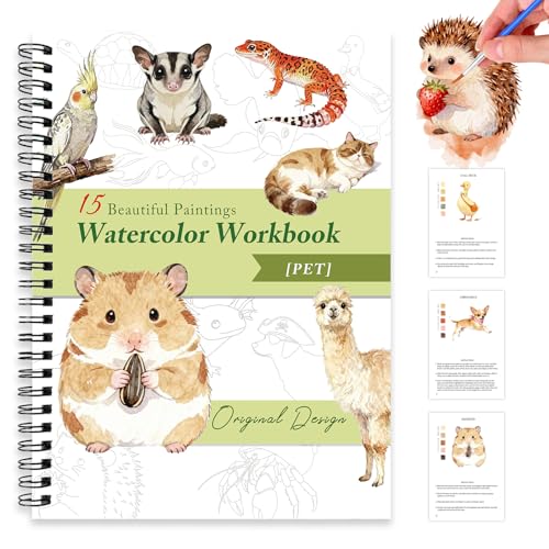 Watercolor Workbooks for Adults Beginners & Teens, 16 Colors 15 Beautiful Paintings, Pre-Outlined Designs, Easy Watercolor Art Book（Without Palette Pet） - color: Pet, size: without palette