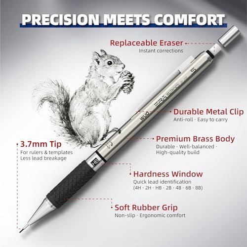 WUO 0.5 mm Mechanical Pencil Set with Eraser Pen Storage Case, 6 PCS | Metal Drafting Pencils, 360 HB Lead Refills, 3x4B Erasers, 12 Eraser Refills for School Artist Writing Drawing Sketching - color: Black 4 - 0.5mm (6 Pack)