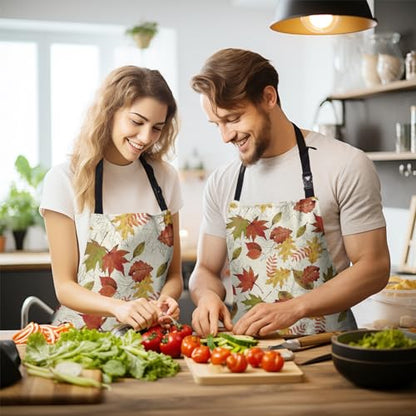 Fall Colorful Maple Leaves Apron with Pockets Autumn Watercolor Leaves Apron with Adjustable Neck Thanksgiving Day holiday Farmhouse Chef Cooking Apron for Women Men Dinner Baking BBQ - color: Fall-a