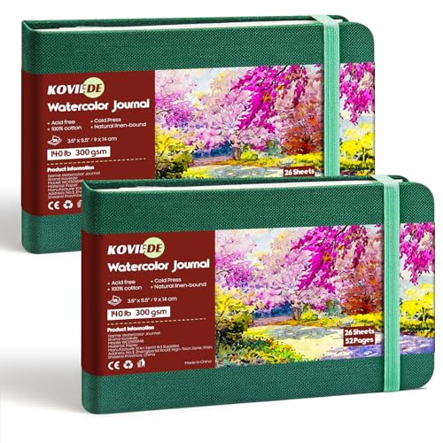 KOVIEDE 5.5"x3.5" Watercolor Journal, 140LB/300GSM 100% Cotton Water Color Sketchbook, Acid-Free Cold Press Watercolor Paper Pad Mixed Media, 2 Pack, 26 Sheets / 52 Pages Each - color: Green - 2P, size: 5.5"x3.5"
