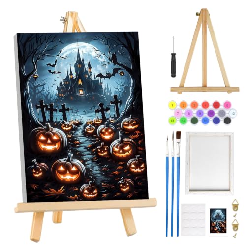 MOGTAA Halloween Paint by Numbers Kit for Adults Beginners with Frame, Pumpkin Castle Adult Paint by Number Kits on Canvas with Easel, Easy DIY Animal Oil Painting Kits for Home Decor, 8x12in - color: Pumpkin Castle-02