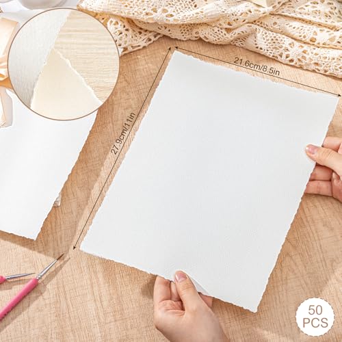 Watercolor Paper 8.5 x 11, 160 GSM Deckled Edge Handmade Paper, 50 Sheets | cold-pressed paper, rough texture, for wedding invitations, cards, watercolor art and crafts - size: 8.5 x 11inch