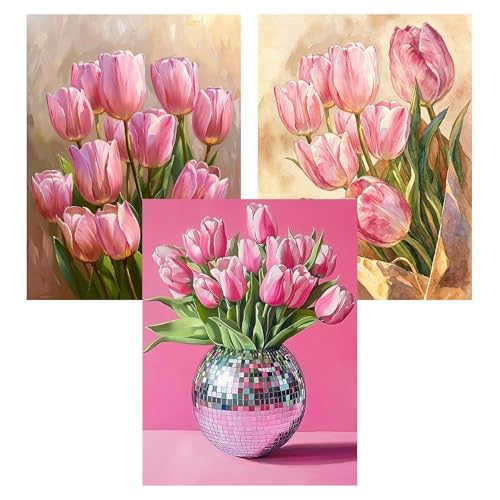 Axquilon 3 Pack Tulip Diamond Art Kits for Adults 12x16 inch | Diamond Painting Kits for Adults Beginner, DIY 5D Full Drill Gem Art for Home Wall Decor - color: 3-Pack Tulip