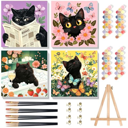4 Pack Cat Paint by Numbers for Adults with Framed Canvas - Wooden Easel - color: BKH2820+BKH2821+BKH2822+BKH2823