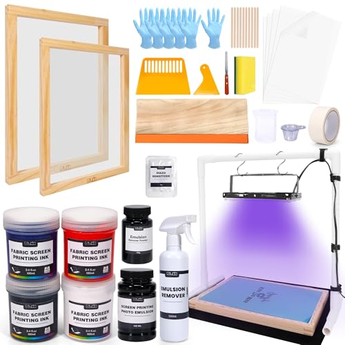 Caydo 51PCS All-in-One Screen Printing Kit with 50W LED UV Screen Printing Light, 4 Colors Screen Printing Ink, Photo Emulsion, Screen Printing Frames - size: 51PCS