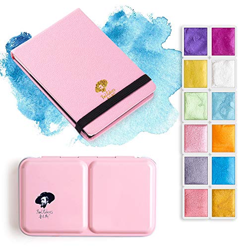 Paul Rubens Watercolor Paint Artist Grade 12 Colors, Metallic Glitter Watercolor Paints Set Solid Cakes with Palette and 100% Cotton Hot Press Watercolor Journal for Artists Painters - color: Glitter 12 Colors