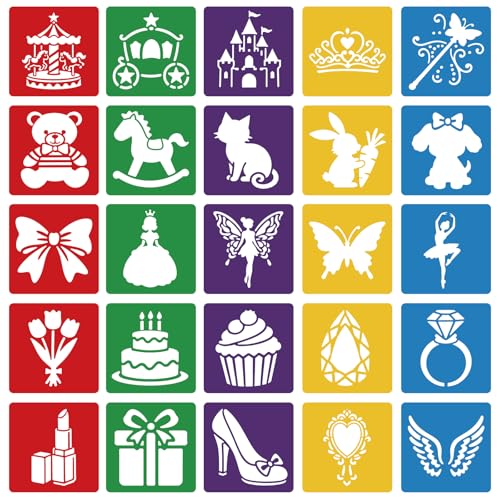 CUTHOLLOW Animals Fruit Plant Stencils, 24PCS 8-Inch Reusable Plastic | 24PCS 8-Inch Animals, Fruit & Plant Shapes, Reusable Washable Plastic, Painting, Crafts, Wall Art & Sidewalk Chalk - style: 25pcs-Princess Element