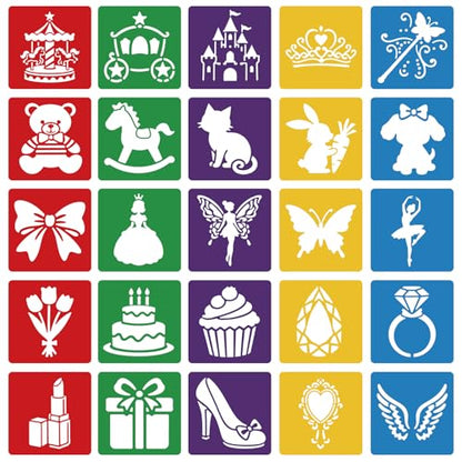 CUTHOLLOW Animals Fruit Plant Stencils, 24PCS 8-Inch Reusable Plastic | 24PCS 8-Inch Animals, Fruit & Plant Shapes, Reusable Washable Plastic, Painting, Crafts, Wall Art & Sidewalk Chalk - style: 25pcs-Princess Element