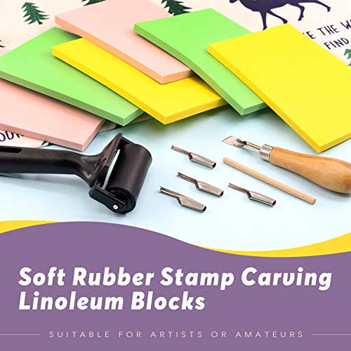 Swpeet 8Pcs Carving Rubber Tools, 6Pcs Scrapbooking Soft Rubber Stamp Carving Linoleum Blocks, 5 in 1 Linoleum Cutter Tools and Rubber Roller Brayer for Rubber Stamps, DIY Carving