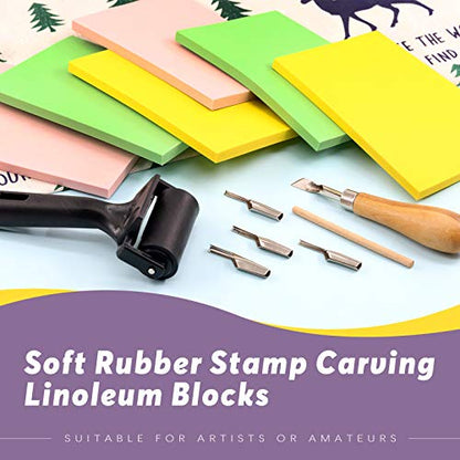 Swpeet 8Pcs Carving Rubber Tools, 6Pcs Scrapbooking Soft Rubber Stamp Carving Linoleum Blocks, 5 in 1 Linoleum Cutter Tools and Rubber Roller Brayer for Rubber Stamps, DIY Carving