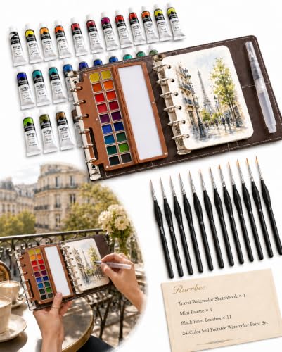 Mini Watercolor Travel Set 24 Colors, Sketchbook Kit with 11 Brushes