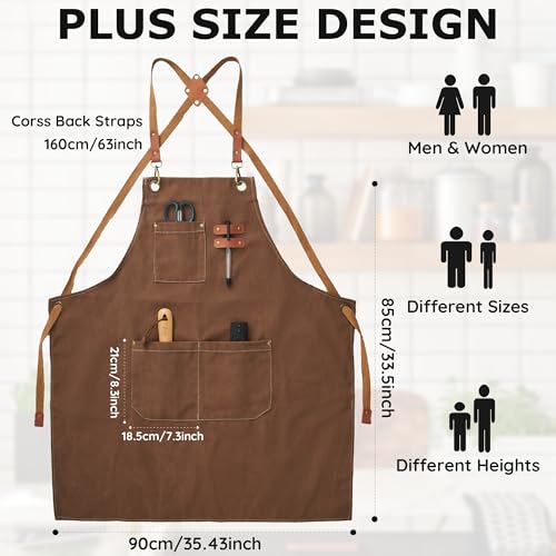 Plus Size Canvas Aprons with 3 Pockets Adjustable Cross Back Strap Unisex | Water Resistant, Men Women, Heavy Duty Work Bib Apron for Men Women Chef Cooking Kitchen Grilling Gardening BBQ Barber Server - color: Brown
