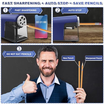 AFMAT PSX2 Heavy Duty Electric Pencil Sharpener, 6 Holes, Classroom Sharpener for 6-11mm Pencils, Auto Stop, Super Fast, Save Pencils, School Teacher Must Have Pencil Sharpeners Plug in, Blue - color: Blue