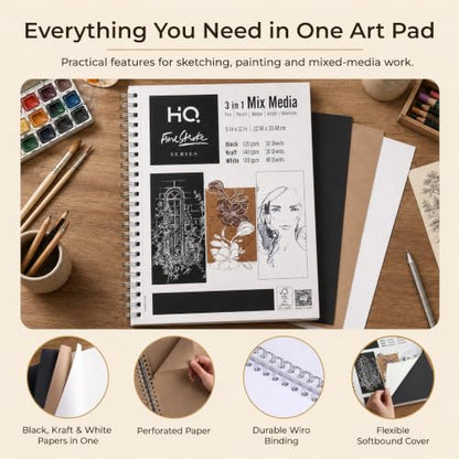 HQ Finestroke 3 in 1 Mix Media Sketchbook, 9 x 12 Inches Art Pad, Mixed Paper for Sketching, Drawing and Painting, Top Wiro Binding, 30 Sheet