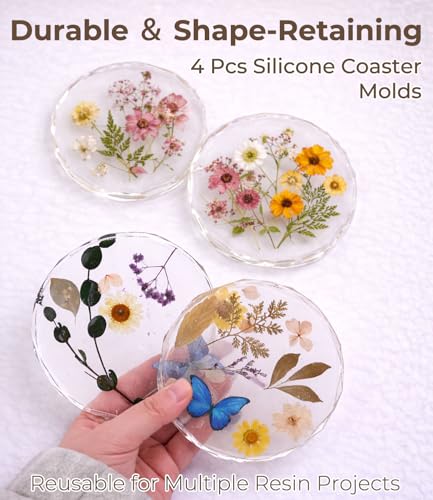 Resin Coaster Molds, 4 Pack Diamond Edge Round Molds for Resin Casting, Silicone Coaster Molds for Epoxy Resin