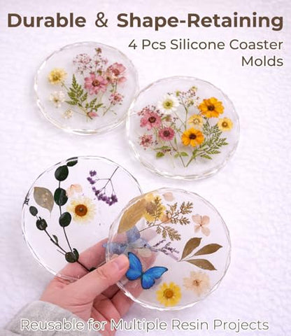 Resin Coaster Molds, 4 Pack Diamond Edge Round Molds for Resin Casting, Silicone Coaster Molds for Epoxy Resin