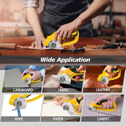 Cordless Electric Scissors, 4V Rechargeable Box Cutter & Cardboard Cutter with LED Light, Safety Lock - Rotary Cutter for Fabric, Leather, Carpet, Plastic, Crafting, Sewing with Storage Box(Yellow)
