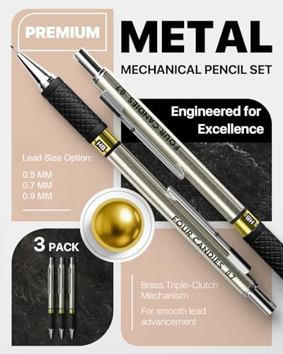 3PCS Metal Mechanical Pencil Set with Case, 0.5/0.7/0.9mm, Three Sizes | 360 Leads, 12 Erasers, Non-Slip Grips, For School Writing, Sketching, Art Drawing & Professional Drafting - size: 3 Count (Pack of 1)