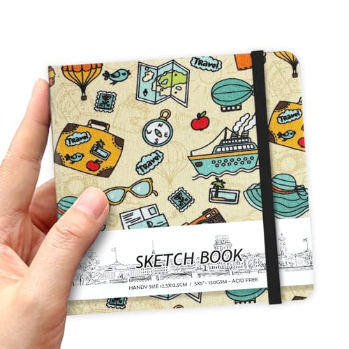 5" x 5" Hardcover Sketch Book,58 Sheets Small Mixed Media Pocket Sketch Pad | PU Cover,150 GSM Acid Free Artist Drawing Paper,Travel Journal Blank Notebook for Adults Sketching,Illustration. - color: 150gsm Cloth-travel